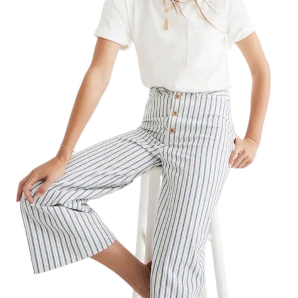 Madewell Emmett Wide Leg Crop Pants Striped Button Fly Coastal Sz 27 Old Money